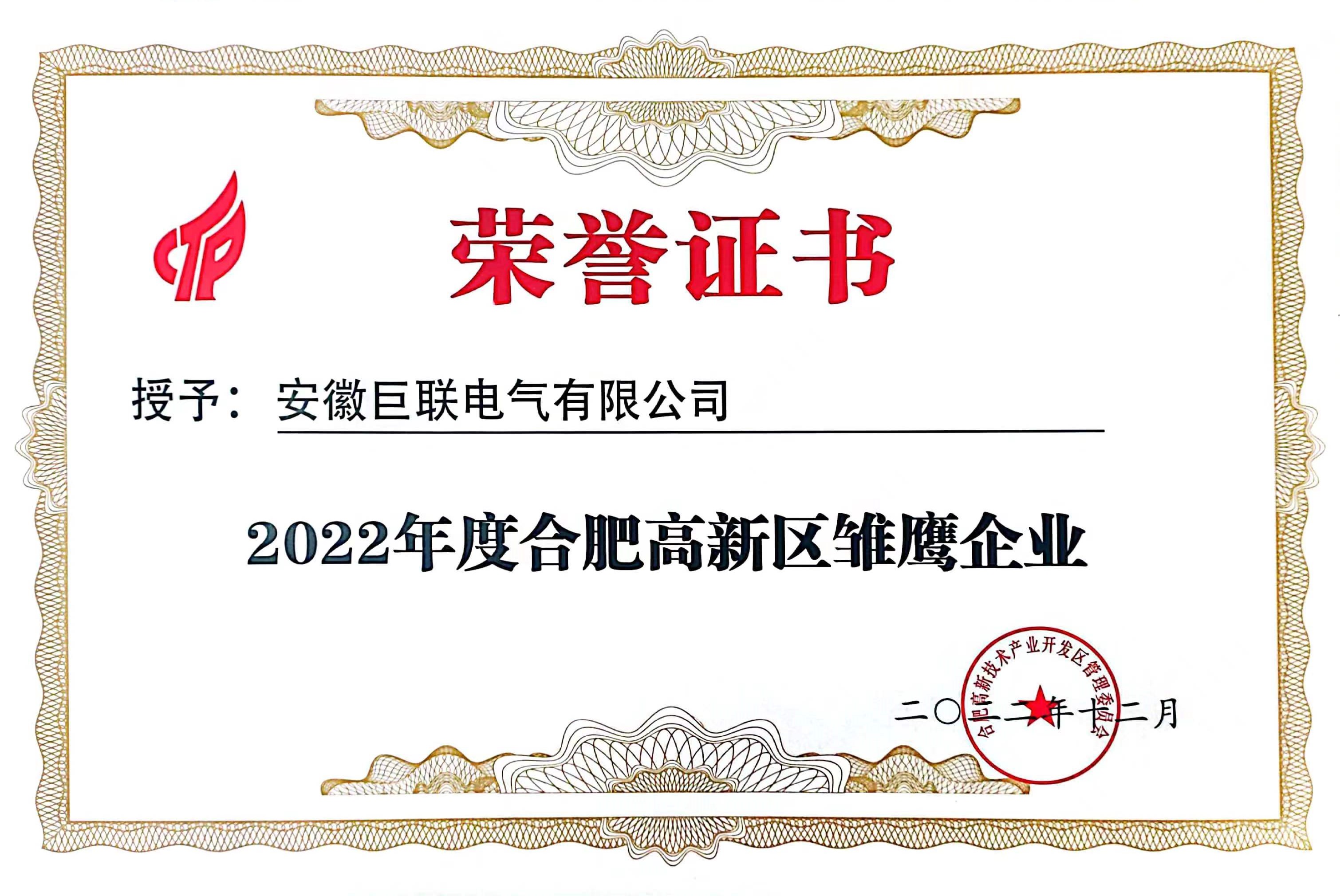 喜訊!巨聯(lián)電氣獲2022年度合肥高新區(qū)“雛鷹企業(yè)”榮譽(yù)稱(chēng)號(hào)